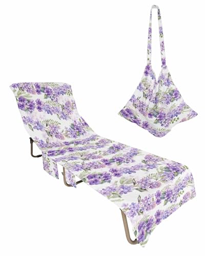 Purple Spring Floral Beach Lounge Chair Towel Cover, Soft Chaise Lounge Towel with Side Pockets Patio Pool Chairs Cover for Beach/Pool Sunbathing 29x85 Watercolor Summer Botanical