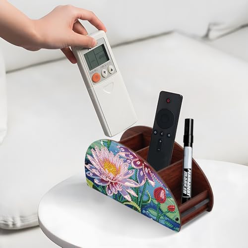 Image of DIY Diamond Painting Storage Box, Pink Lotus Design Handmade 5D Diamond Art Case Multi-Compartment Wooden Desktop Organizer for TV AC Remotes Makeup Brushes Pens Holder Tabletop Craft Storage