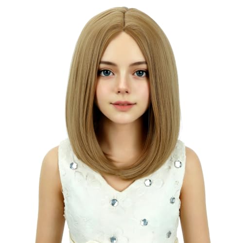 Image of Kids Blonde Wig Girls Strawberry Blonde Bob Wig Child Short Bob Wig Middle Part Wig for Kids Synthetic Wigs with Wig Cap