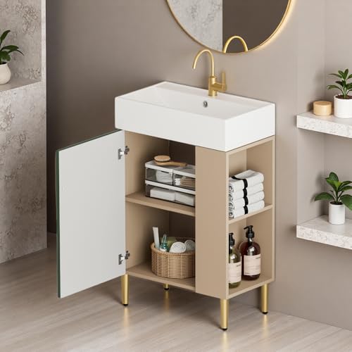 Image of 21.6 inch Freestanding Bathroom Vanity with Ceramic Sink, Green | Ceramic Sink, Wave-Pattern Door & Two-Layer Right Open Compartment, Bathroom Storage Cabinet, Easy Installation