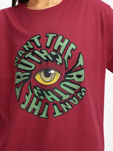 Image of JUNEBERRY Oversized Loose Baggy Fit Drop Shoulder Half Sleeves Pure Cotton Want The Truth Swan White & Viva Magenta Graphic Printed Cool Boyfriend T-Shirt for Women