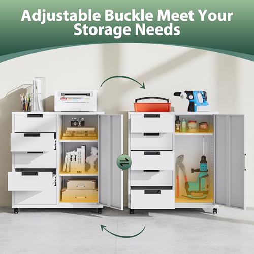 MIIIKO 5 Drawer Mobile Cabinet with Door, Shelf & Wheels - White Home Office Cabinet Organizer
