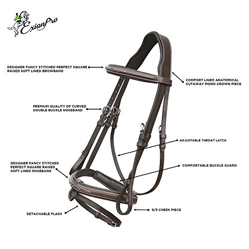 Exionpro Fancy Designer Stitched Square Raised Snaffle Noseband And Brow Band Mono Crown Piece Horse Bridle With Detachable Flash And Rubber Reins | Royal English Bridle #TOP3