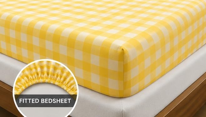 Image of 210 TC Premium Glace Cotton Comfort Elegent Design Bedsheet with Pillow Cover - Ultra Soft Cotton King Bed Sheet for Daily Comfort - YellowCheck Elegent 72x78x10 Inche