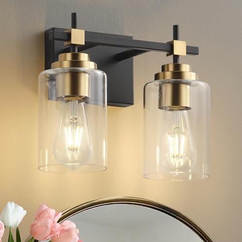 Image of SOLFART Modern Bathroom Vanity Light with Clear Glass Globes,2 Lights Bathroom Light Over Mirror Black and Gold Finish,Wall Mount Sconce for Over Mirror Vintage Lighting