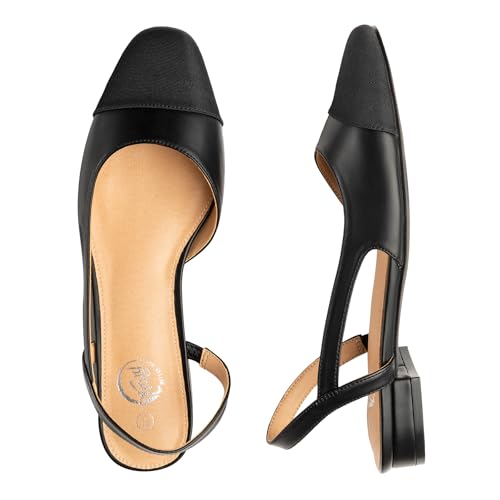 Image of Trary Slingback Flats for Women, Black Dressy Comfortable Round Square Toe Shoes, Work Office Casual Ankle Strap Dress Flats