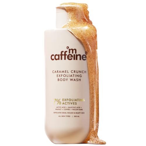 Image of mCaffeine 7% Exfoliating Body Wash 300ml | 1% Salicylic & 2% Lactic Acid | Summer Bodywash for Dry Skin| Reduces Body Acne & Ingrown Hair | Smooth, Hydrated Skin | Sweet Caramel Shower Gel for Women & Men
