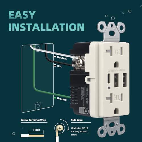 TOPELER 4 Pack USB Wall Socket, 3-Port Type C USB Receptacles, 30W 6.0A USB C Outlets, Duplex 20 Amp Tamper-Resistant Outlet, UL & FCC Listed, Screwless Wall Plate Included, Light Almond by TOPELER - Image 6