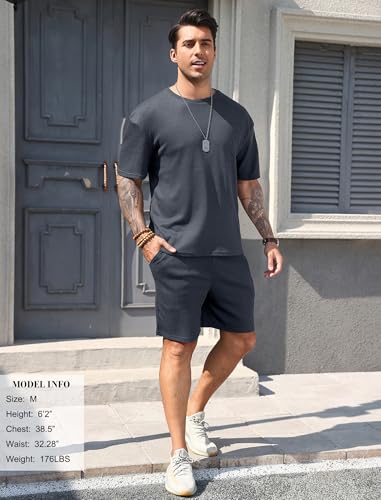 Vssjavun Mens Short Sets 2 Pieces Outfits Waffle Knit Lounge Set Short Sleeve Summer Casual Tracksuit