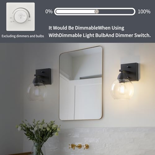 Image of Bathroom Light Fixtures, 1-Light Matte Black Vanity Light with Hand-Blown Globe Glass Shade, High Clarity & Durable, Wall Sconce for Mirror, Kitchen, Bedroom, Hallway-2P
