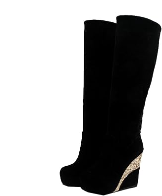 UniqueStride Womens Glitter Wedge Knee High Boots Platform High Heel Slip On Faux Suede Autumn Winter Boots
