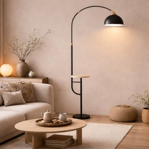 Image of Modern Floor Lamp with Shelf for Living Room | Black Metal Standing Lamp with Built-in Table | LED Floor Lamp for Bedroom, Reading Corner & Home Decor