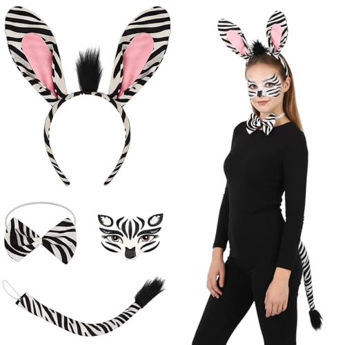 PDirat 4-teiliges Zebra Kostüm Karneval Kostüm Einschließlich Zebra Ohren Schleife Schwanz und Gesichtsaufklebernfür Tierkostüm Cosplay Karnevalsparty Kostümzubehör