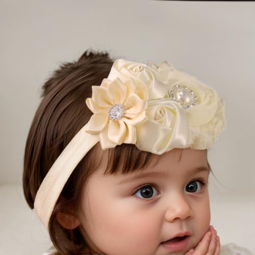 2 pcs Baby Girls Flower Headbands Set Floral Chiffon Bow Hairbands with Crystal Elastic Pearl Hair Accessoties for Newborn Infant Toddler (White 1, Standard Small)4