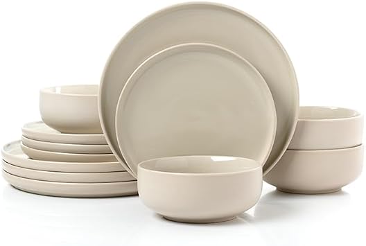 Waterside 12pc Premium Stone & Cream Coupe Stoneware Dinner Set; 4 Dinner Plates, Side Plates & Deep Bowls - Dishwasher & Microwave Safe - Matt & Shiny Effect