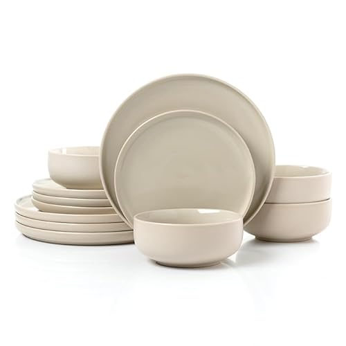 Waterside 12pc Premium Stone & Cream Coupe Stoneware Dinner Set; 4 Dinner Plates, Side Plates & Deep Bowls - Dishwasher & Microwave Safe - Matt & Shiny Effect