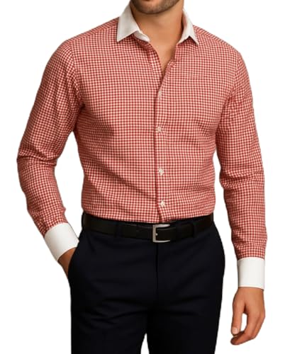 Image of Men's Premium Cotton Formal Dress Shirt - White Collar & French Cuffs with Cufflinks | Solid White, Micro Check & Striped for Office, Wedding
