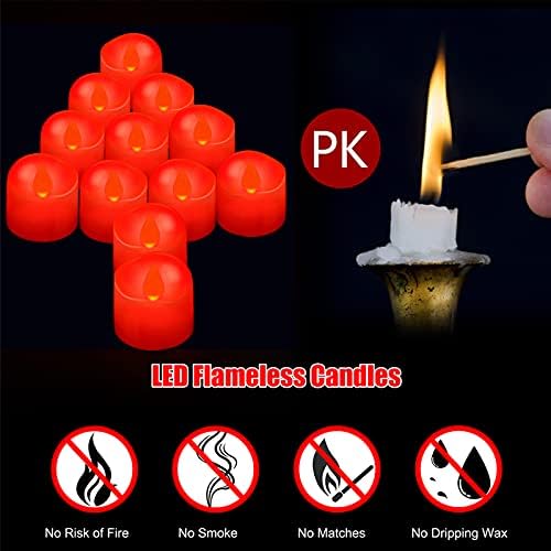 Ymenow Red Candles with Timer, 12pcs Battery Operated LED Electric Tea Lights Flickering Flameless Fake Tealight Votive Candles for Home Room Halloween Christmas New Year Decorations