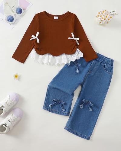 Image of Kucnuzki Toddler Baby Girl Clothes Long sleeve Fall Winter Shirt Tops Baggy Jeans Pants Set Kids Girls Outfits 2 Piece
