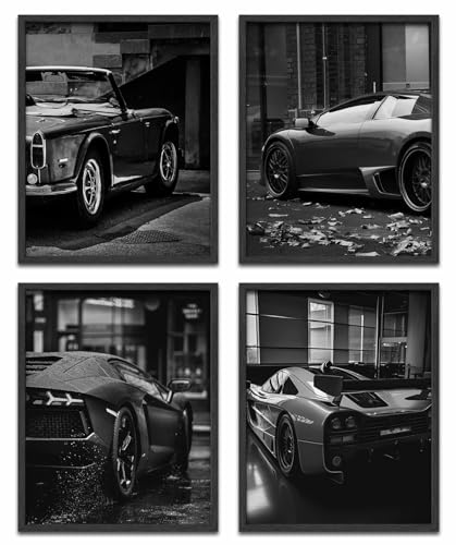 Car Poster Wall Art Prints,Black Car Canvas Wall Art,Modern Racing Car Poster City Street Scenes And Luxury Sports Car Pictures for Men Office Bedroom Aesthetics Decor,Set of 4(8"X10"Unframed)