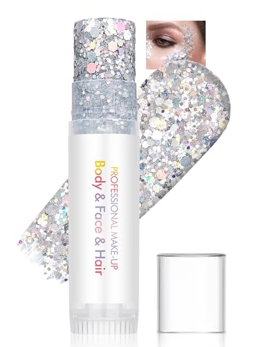 Glitzerstifte, Silber Chunky Body Glitter Stick, Sequins Creme Gel Kit, Rainbow Glitzer Gesicht Stick, Long-Lasting Wasserfester, Halloween Festival Zubehör Rave Outfit Damen Herren-01