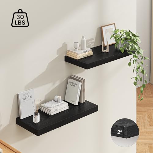 Image of Dreamland 32 inch Floating Shelves for Wall, 12 inch Deep Thicker Black Floating Shelves, Wall-Mounted Shelves for Bedroom, Living Room, Kitchen, Bathroom - Set of 2