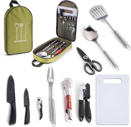 10 PCS Camping Cooking Utensils Set Camping Kitchen Utensils mit Tragbare Kochutensilien Tasche Küchenhelfer Utensilien Set Camping Kochutensilien Kochgeräte Set für Camping Wandern Picknick Grillen