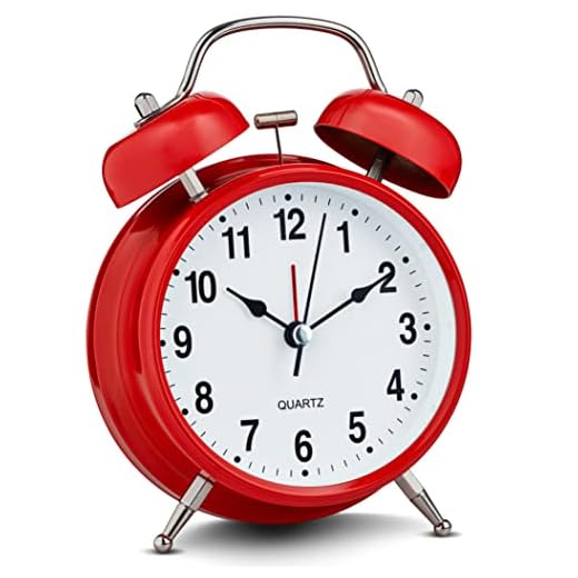 Bernhard Products Analog Alarm Clock 4" Twin Bell Vintage Red Silent Non-Ticking Quartz Battery Operated Extra Loud with Backlight for Bedside Table Desk, Retro Clocks Old Fashioned for Heavy Sleepers
