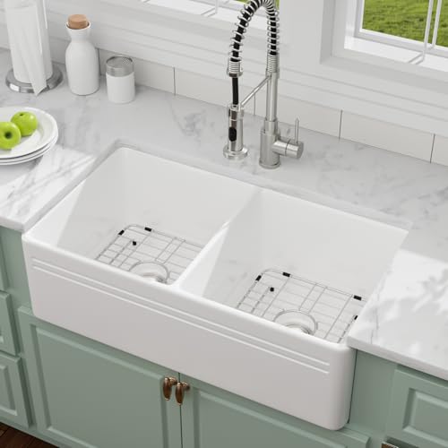 Yurshen 33 Inch White Fireclay Farmhouse Sink 50/50 Double Bowl Apron Front Ceramic Kitchen Sinks Extra Large Country Barn Style Farmer Sink Basin, 33'X18'X10' #YSAC0201