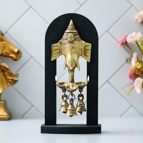 Image of eCraftIndia Golden Ganesha Brass Diya with 3 Wicks & Bells | Diwali Decoration Items for Home Decor | Gift for Diwali Housewarming