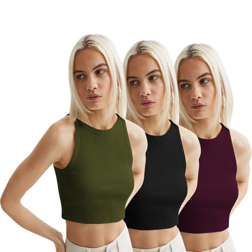 Image of KERI PERRY Tops for Women Crop Top for Women's Tank Activewear Tee Sports Western Casual Cotton Camisole Pack of 3 Combo