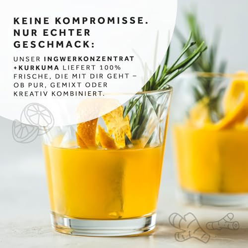 Bergblut Bio Ingwer Konzentrat mit Kurkuma – 500 ml Ingwerkonzentrat mit Kurkuma, Zitronen & Limetten | hochwertiges Konzentrat für Golden Milk, Limonade & als Shot | Vegan mit Agavendicksaft