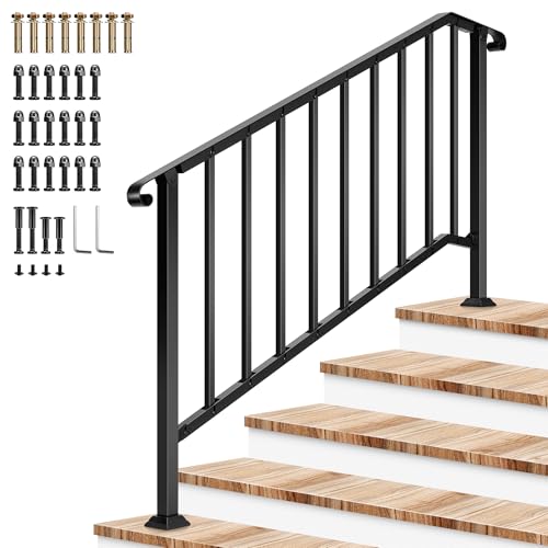 Image of VIVOSUN Outdoor Handrail, 5 Step Stair Handrail, 69 inch x 36 inch Fits 1 to 5 Steps, Wrought Mattle Iron Stair Railing with Curved End and Balusters for Concrete Step, Porch Steps, One-Step Assembly, Black