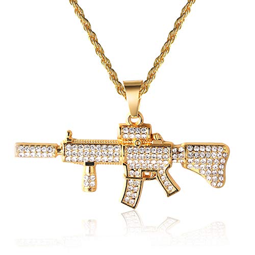 HALUKAKAH Chaîne en Or Iced Out,Homme Véritable Plaqué Or 18 Carats Pistolet Pendentif Collier avec Chaîne de Corde 60cm,Coffret Cadeau Gratuit