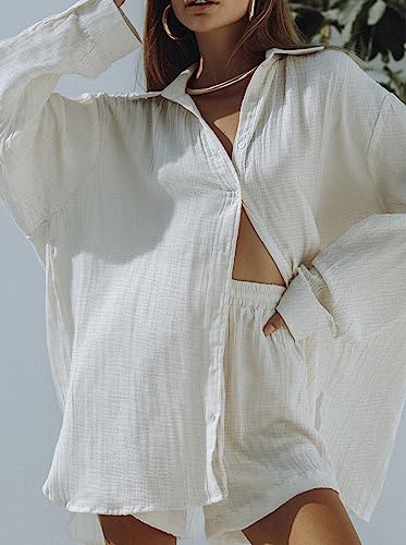 Image of Fixmatti Women 2 Piece Outfits Long Sleeve Button Down Blouse and Shorts Sweatsuit Sets