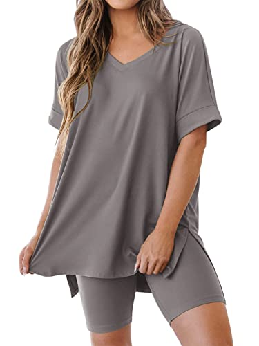 REORIA Damen T-Shirt Radlerhose Kombi-Sets V-Ausschnitt Kurzarm Lounge Wear...