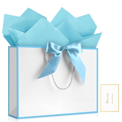 Image of JMANNI Gift Bags with Handles, 13 inch Medium Gift Bag for Presents, 1 Pcs Bags with 2 Tissue Paper and 1 Cards for Baby Shower Wedding Bridal Shower Mother's Day Birthday Party (White-Blue
