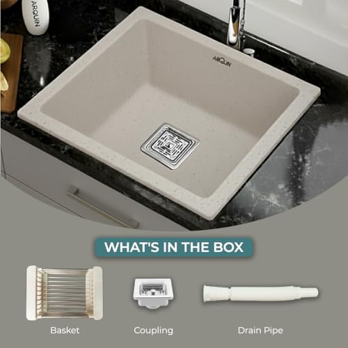 Image of ARQUIN Quartz Kitchen Sink 18x16x9 Inch Rosa | Single Bowl Sink | Durable & Scratch-Resistant | Undermount /Topmount Including Coupling, Waste Pipe & Fruit Washing Basket