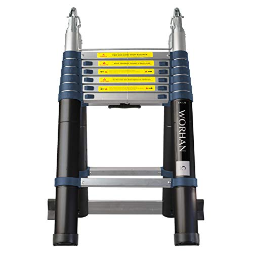 WORHAN® 4.4m Escalera Doble Telescopica PRO Multiuso Multifuncional Plegable Tijera Aluminio Anodizado Nueva Generación Calidad Alta 440cm K4.4C