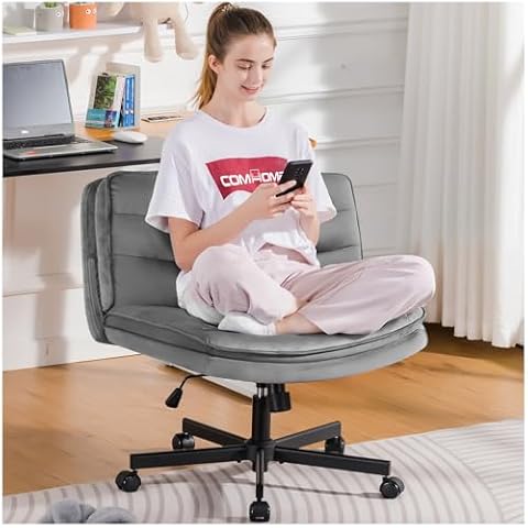 COMHOMA Criss Cross Chair with Wheels, Armless Wide Cross Legged Office Chair Mid Back, Modern Home Office Desk Chair Swivel Adjustable Vanity Computer Chair, Gray Velvet Cover