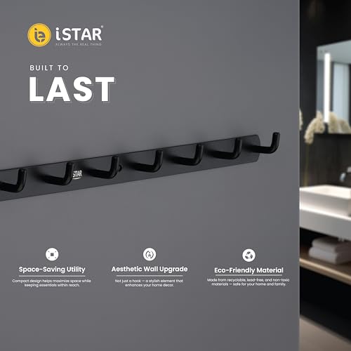Image of iSTAR Stainless Steel 8 Pin Bathroom Cloth Hooks Hanger Door Bathroom Robe Hooks Rail for Hanging Keys,Clothes,Towel Steel Hook (Black) (Pack of 1)