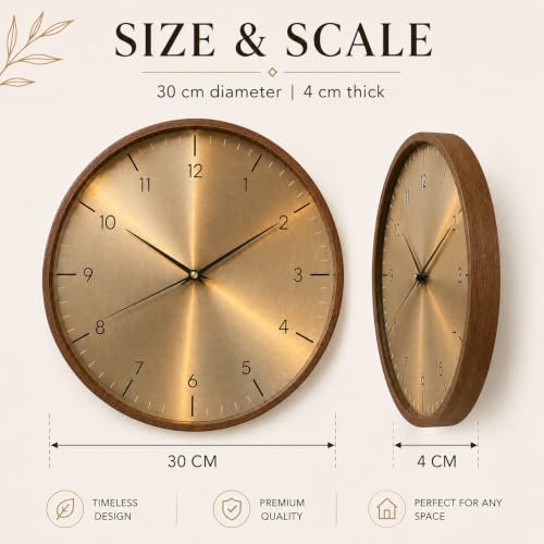 Image of ginoya brothers 12-Inch Round Wall Clock, Silent Non-Ticking Quartz Sweep Movement, Easy-to-Read Easy-to-Read Analog Display Living, Office & Home Decor (Gold)