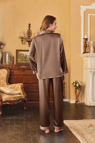 Image of Ekouaer Women's Classic Button Down Long Satin Silk Pajama Set