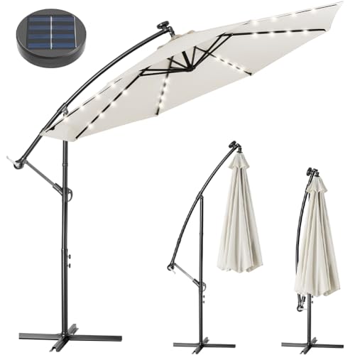 BAKAJI Ombrellone da Giardino Terrazzo con Luce 32 LED e Pannello Solare Dimensioni 3x3 Mt Richiudibile Palo Laterale Decentrato Acciaio Base Croce in Tessuto Anti UV (Beige)