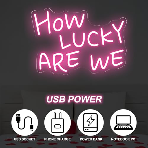 Image of How Lucky Are We Neon Sign, Romantic Anniversary LED Light, Home Bedroom Wall Decor,Valentine's Day Decor, Wedding Neon Wall Art, Light Pink, 15.7 inchx11 inch
