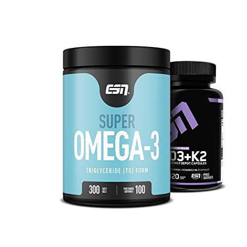 ESN Super Omega-3, 300 Kapseln + Vitamin D3 + K2, 120 Kapseln, ideales Bundle aus hochdosiertem Fischöl, Vitamin D3 und K2