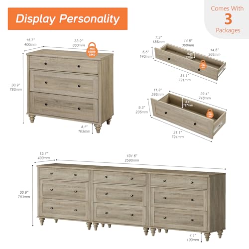 Image of WAMPAT Dresser for Bedroom with 9 Drawers, Kids Dressers with Wide Chest of Drawers, Modern Wooden Closet Storage Organizer, Large Wood Dressers for Living Room, Nursery, Hallway, Rustic Oak
