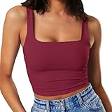Artfish Women's Sleeveless Strappy Seamless Crop Tank Tops Square Neck Workout Fitness Basic Cropped Camis (Burgundy, XS)