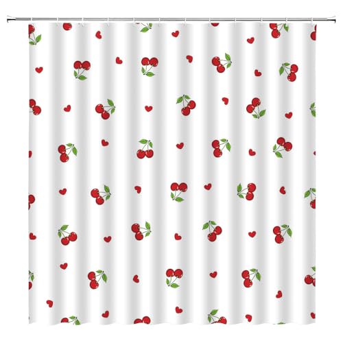 UOZXOML Red Cherry Shower Curtain, Cute Heart Fruit Green Leaves 70 x 70