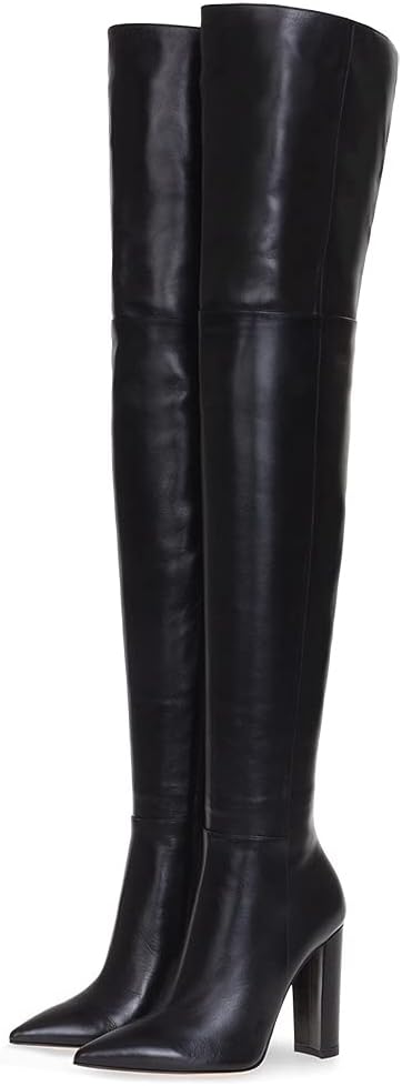 Women Pointed Toe Block Heel over the Knee Boot Leather Chunky Thigh High Shoe